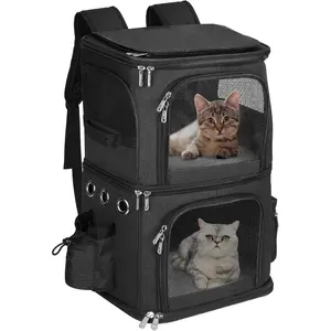 Double-Compartment Pet Carrier Backpack for 2 Cats or Small Dogs, Dual Travel   Carrier wih Breathable Mesh Windows, Fits Pets up to 20 lbs,  for Traveling/Hiking/Camping, Black