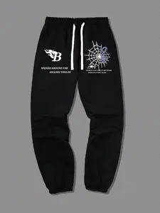 Men's Spider Web & Letter Print Drawstring Waist Sweatpants, Casual Pocket Jogger Pants for Summer, Men's Bottoms for Daily Wear