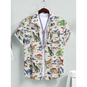 Men's Dinosaur Print Short Sleeve Shirt, Regular Fit Casual Button Down Top for Summer, Men's Clothes for Daily Wear, Menswear, Casual Fashion ShirtRAIMENTRY