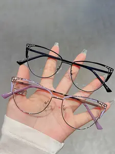 New Rhinestone Anti-Blue Light Cat Glasses Frame for Women, Ultra-Light Cat Shape Eyeglasses, Flat Lenses