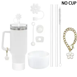 Drinkware Accessories Set, 7 Counts/set Including Tumbler Straw Lid, Silicone Straw Cover & Spill Proof Stopper & Straw Brush & Flower Charm & Silicone Boot &, Suitable for Gift