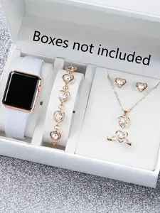 Women's Square LED Electronic Fashion Watch Set, Rhinestone Heart Design, Plastic Case, Analog-Digital Display, Perfect Gift for All Occasions