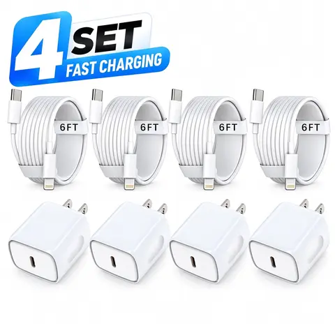4-Pack 20W USB C Fast Charger with 4-Pack 6FT USB C to Lightning Cables, Type C Wall Charger Block for iPhone 14 13 12 11 Pro Max Plus, XS XR X 8 SE, PD Fast Charging Adapter for AirPods