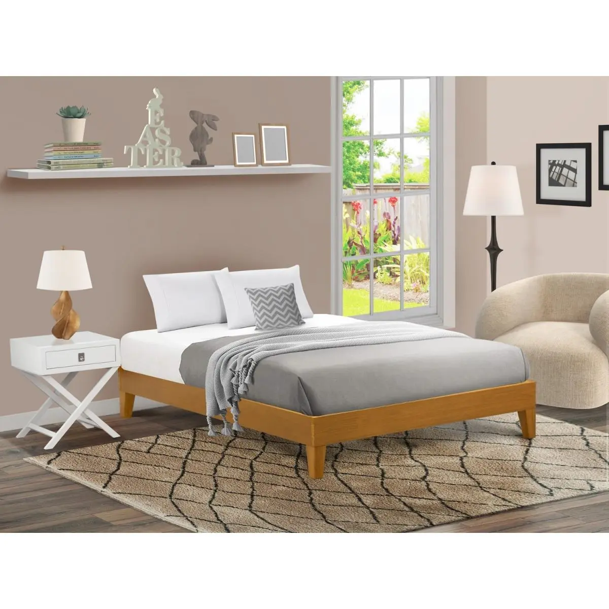 Oak Wooden Queen Size Platform Bed Frame - 4 Hardwood Legs, 2 Extra Center Legs, Oak Wooden Beds