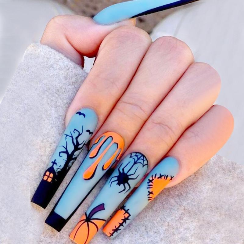 24PCS Haunted House Press-On Nails - Matte Sky Blue Coffin Design