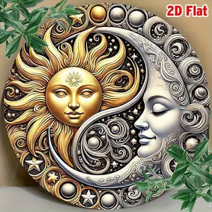 8x8 Inch Vintage Sun & Moon Celestial Metal Sign – 2D Flat Rustproof Wall Art with Vibrant Two-Tone Design| Durable Celestial Plaque for Home, Bar, Café, Garden Gate| Moon & Sun Room Decor| Retro Metal Gift
