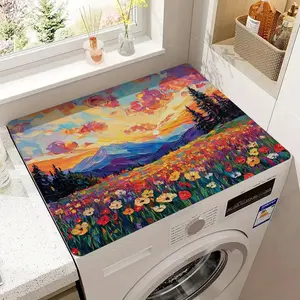 Floral Landscape Pattern Washing Machine Mat, 1 Count Non-slip Moisture-resistant Polyester Top Cover Pad, Decorative Mat for Kitchen & Bathroom