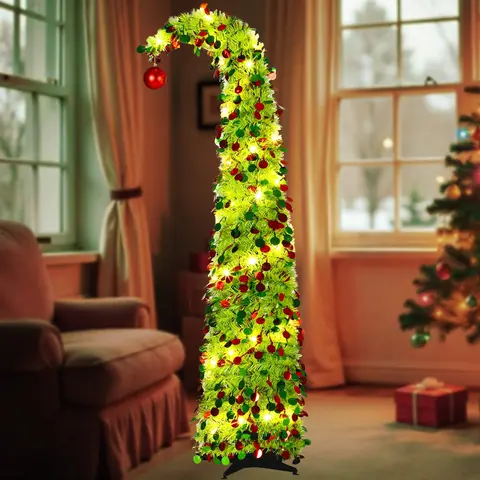 5Ft Whimsical Pop up Christmas Tree Pre Lit Christmas Tree with Lights or Wooden Ornaments Bendable Collapsible Artificial Viral Christmas Tree for Holiday Party Home Office Xmas Tree Outdoor Christmas Decorations Xmas Gift