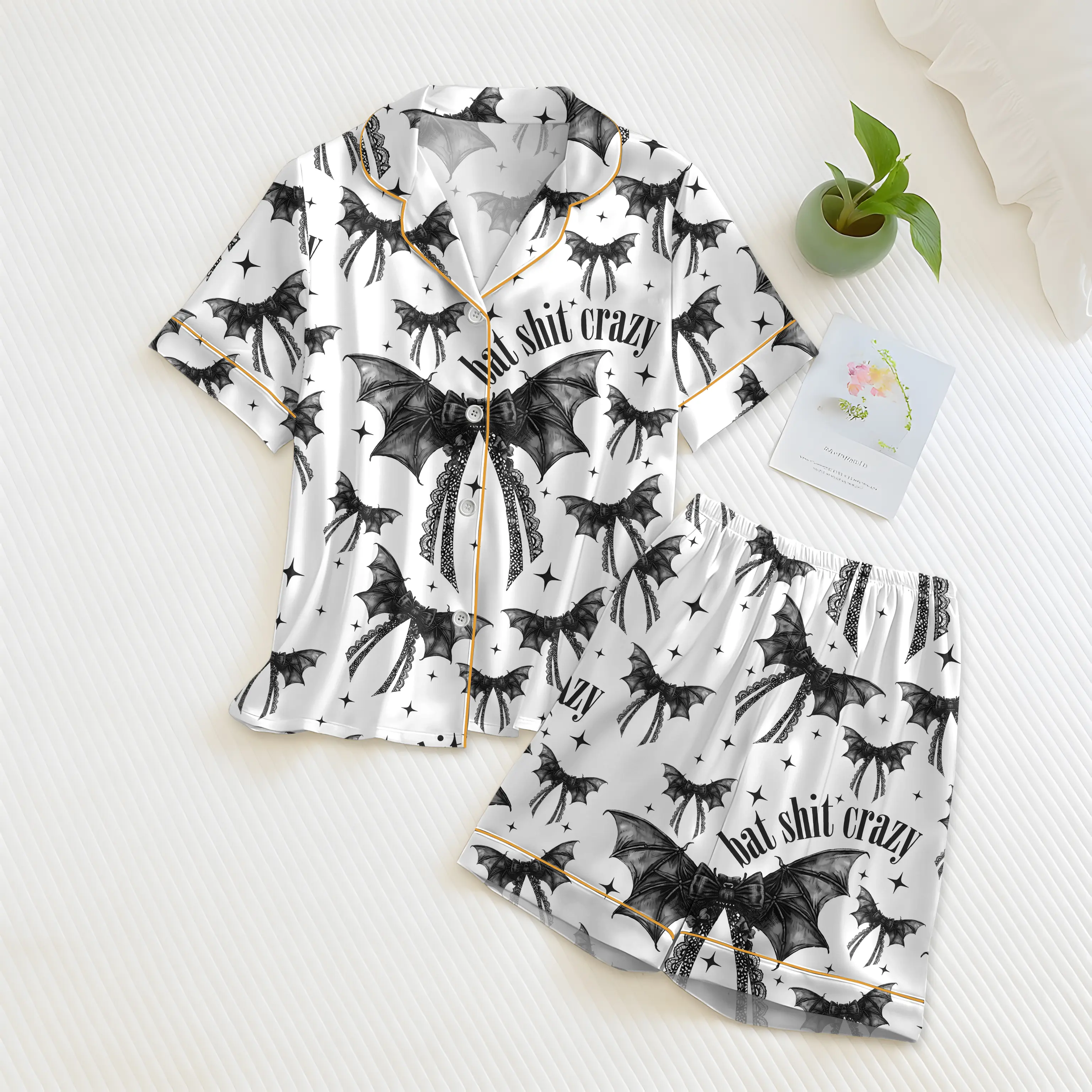 Bat Shit Crazy Gothic Coquette Bow Satin Pajama Set Adults, Halloween Print Pajamas Bat Gothic Coquette, Homewear Bow Black Gifts Women