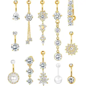 14G Belly Button Rings Dangle 316L Stainless Steel Belly Rings for Women Navel Piercing Jewelry 12 Pcs