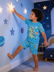 Boys' Space Dinosaur Astronaut Cartoon Print Pajama Set, Summer Short Sleeve Round Neck Sleepwear, Fitted H-Type Silhouette, Pajamas, Cartoon Pattern Pajamas