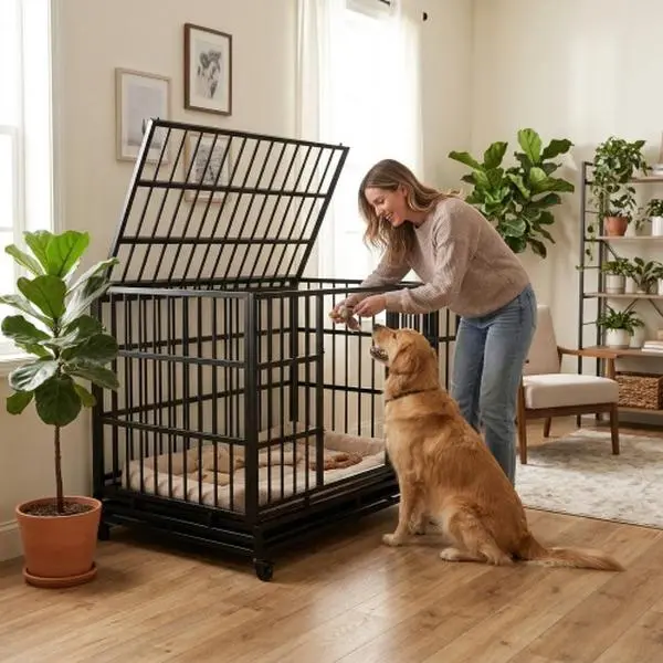 48-Inch Heavy-Duty Collapsible Dog Crate Kennel, Portable Folding Metal Enclosure with Wheels, Removable Plastic Tray for Cleanup, for Medium & Large Dogs