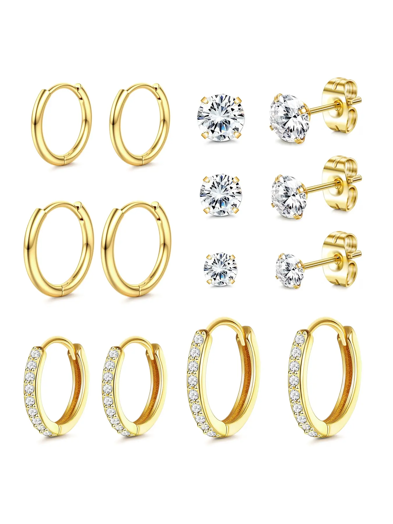 Unisex Hypoallergenic Material Stainless Steel Earrings Set, Variety Pack, Geometric Patterns, Multi-Prong Piercing Compatible, 14k Gold Plated Cartilage Studs, All Seasons Wear, Stud Earrings Jewelry, Hoops