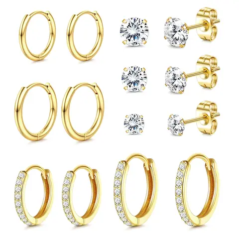 Unisex Hypoallergenic Material Stainless Steel Earrings Set, Variety Pack, Geometric Patterns, Multi-Prong Piercing Compatible, 14k Gold Plated Cartilage Studs, All Seasons Wear, Hoops, Trendy Earrings