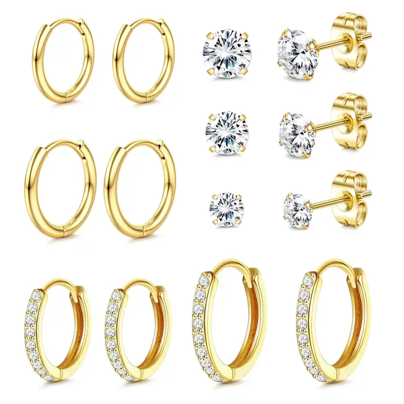 Unisex Hypoallergenic Material Stainless Steel Earrings Set, Variety Pack, Geometric Patterns, Multi-Prong Piercing Compatible, 14k Gold Plated Cartilage Studs, All Seasons Wear, Hoops, Trendy Earrings