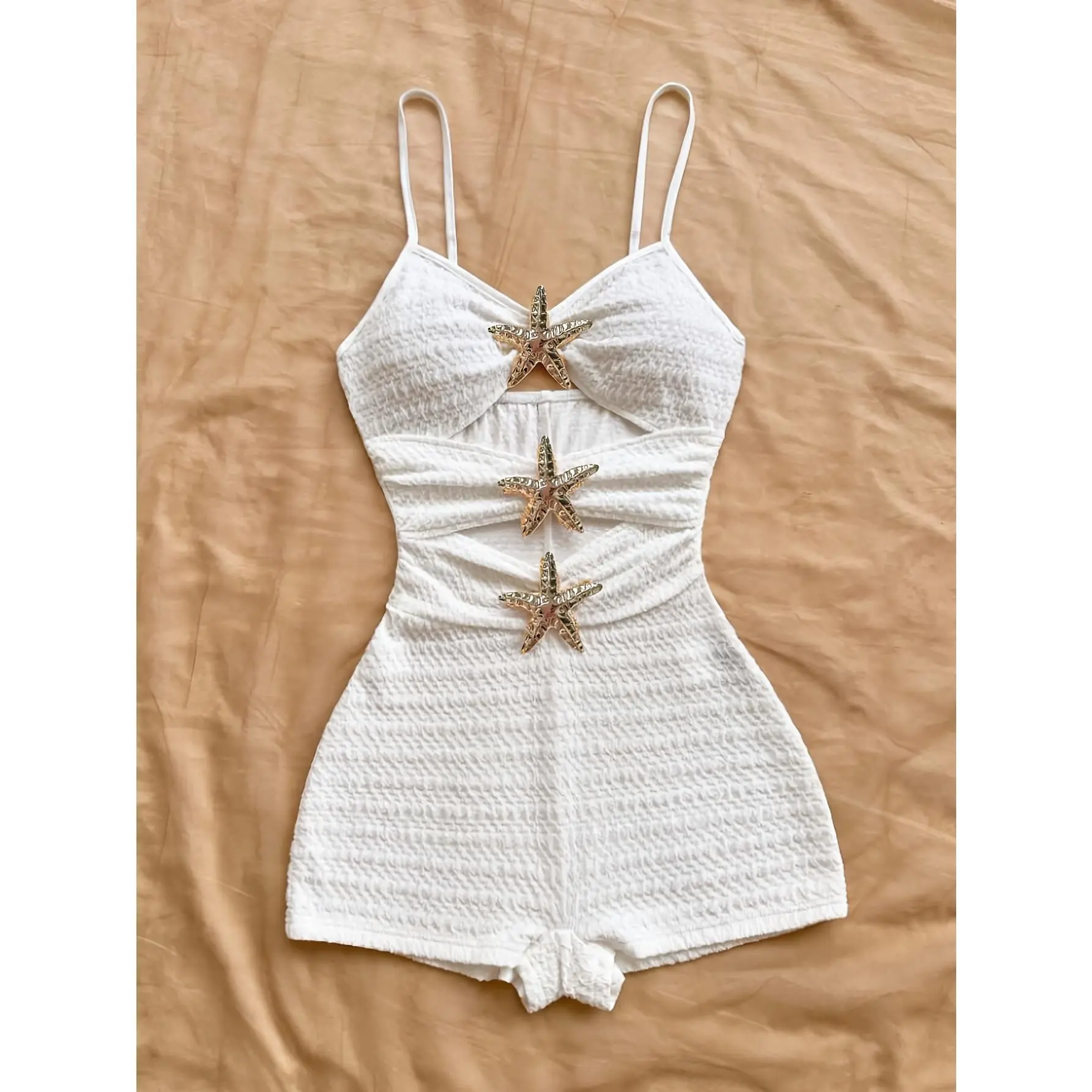 Women's Summer Casual Hollow-Out Starfish Decor Romper Camisole Textured Sexy Fitted Spaghetti Straps Solid Playsuit Beach Summer Outfit Vacation Outfit Holiday Beach