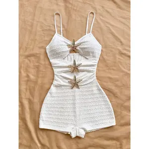 Women's Summer Casual Hollow-Out Starfish Decor Romper Camisole Textured Sexy Fitted Spaghetti Straps Solid Playsuit Beach Summer Outfit Vacation Outfit Holiday Beach