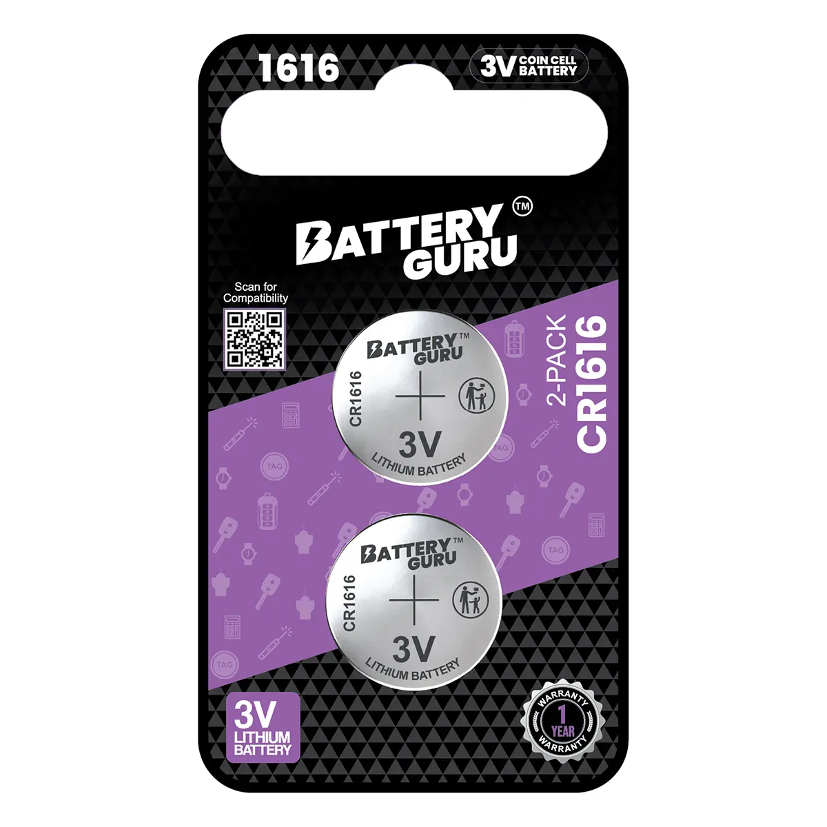 BatteryGuru Car Key Batteries CR1616 3V (Pack of 2) Power BatteryGuru Car Key Batteries CR1616 3V (Pack of 2) Power