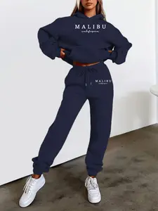 Women's Hooded Sweatshirt Set, Fall & Winter Warm Malibu Letter Print, Casual Sporty Street Style, Perfect for Daily
