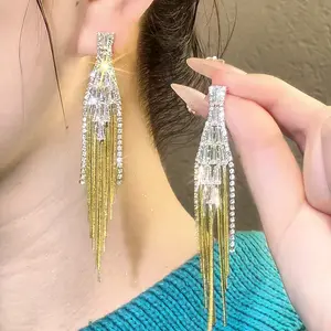 Luxury Rhinestone Tassel Earrings for Women - Unique High-End Long Dangle Earrings to Accentuate Jawline, Long Drop