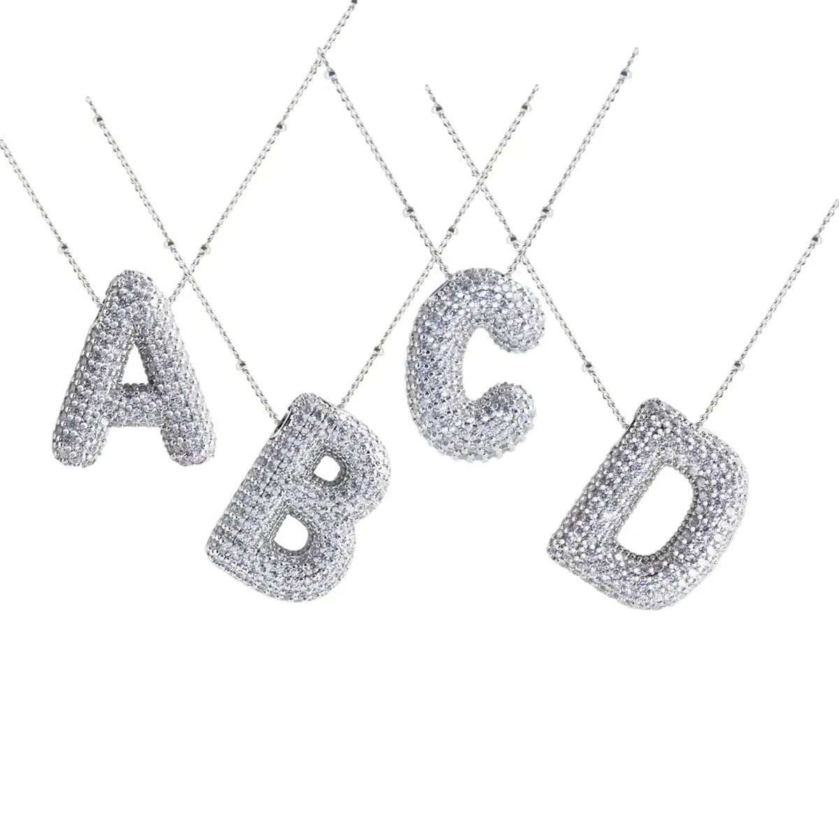Silver Bubble Initial Crystal Pavé Pendant Jewelry Letter Necklace Birthday Gift