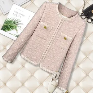 Fashionable Texture Light Pink Coarse Tweed High-End Socialite Round Neck Long Sleeved Jacket New Item for Womenswear - Outerwear, Casual