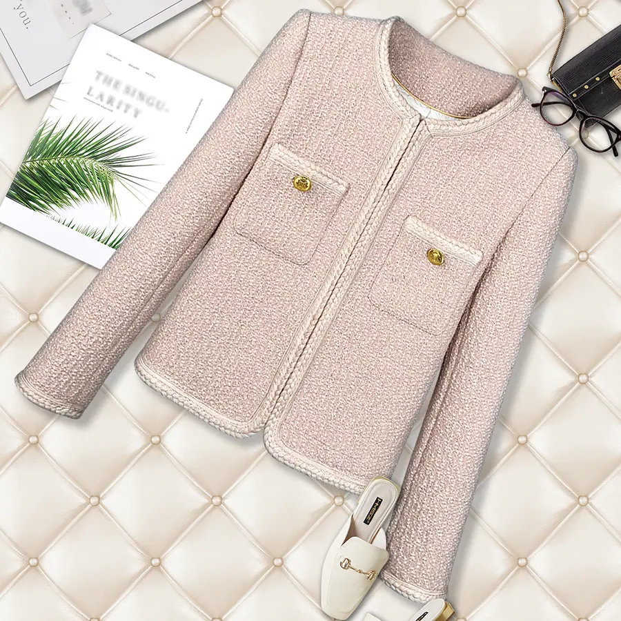 Women's Elegant Blush Pink Fitted Wool Blend Tweed Jacket - Solid Plain Crew Neck Casual Elevated Style Coat with Long Sleeves and Hook-and-Bar Closure