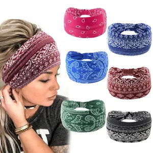 Wide Bandana headbands for Women Boho Bandeau Headbands Knot Hair Scarf Bands Stretch Floral Printed Non Slip Headbands Elastic Turban  Wraps Thick  Headbands,Pack of 6