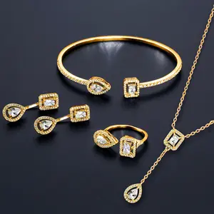 Gilded Grace Bridal Jewelry Set for Women, 4Pcs 18K Gold Plated CZ Pear Cut Necklace Bracelet Ring Earrings Set, Wedding Gift