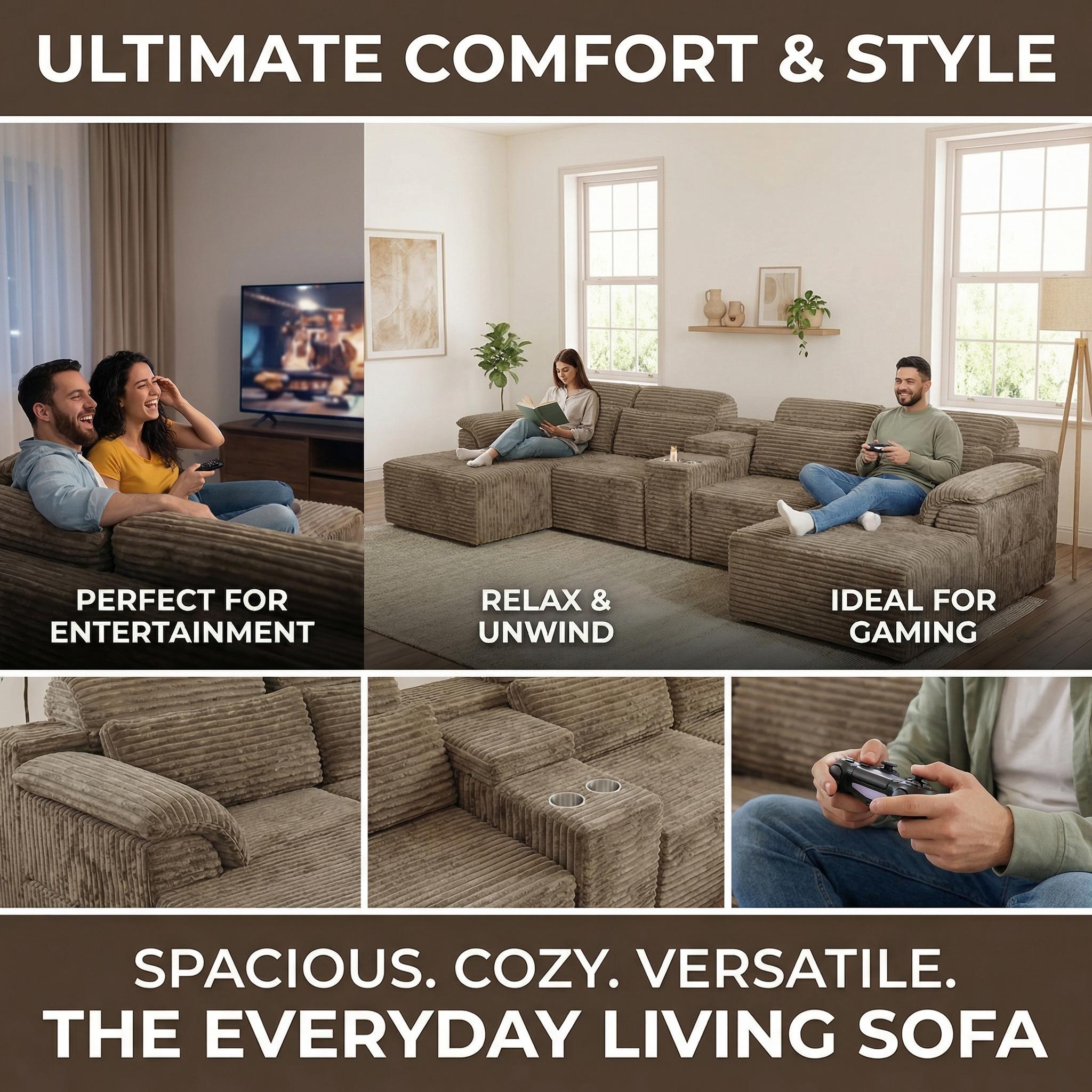 Modern Modular Corduroy Sectional Sofa, L Shaped Corner Couch with Built-in Cup Holders & Movable Ottoman for Living Room Apartment