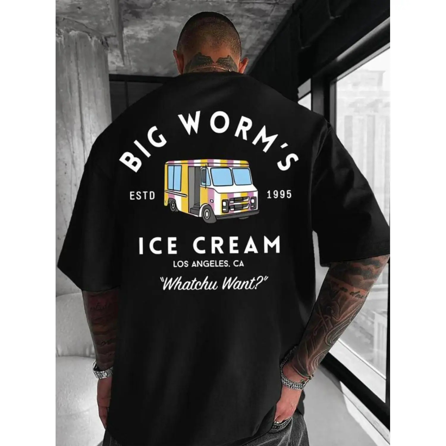 Women's 100% Cotton Round Neck Crew Neck Casual Tshirt - Retro Big Worm Ice Cream Graphic, "Whatchu Want" Quote, Fun LA Streetwear Top