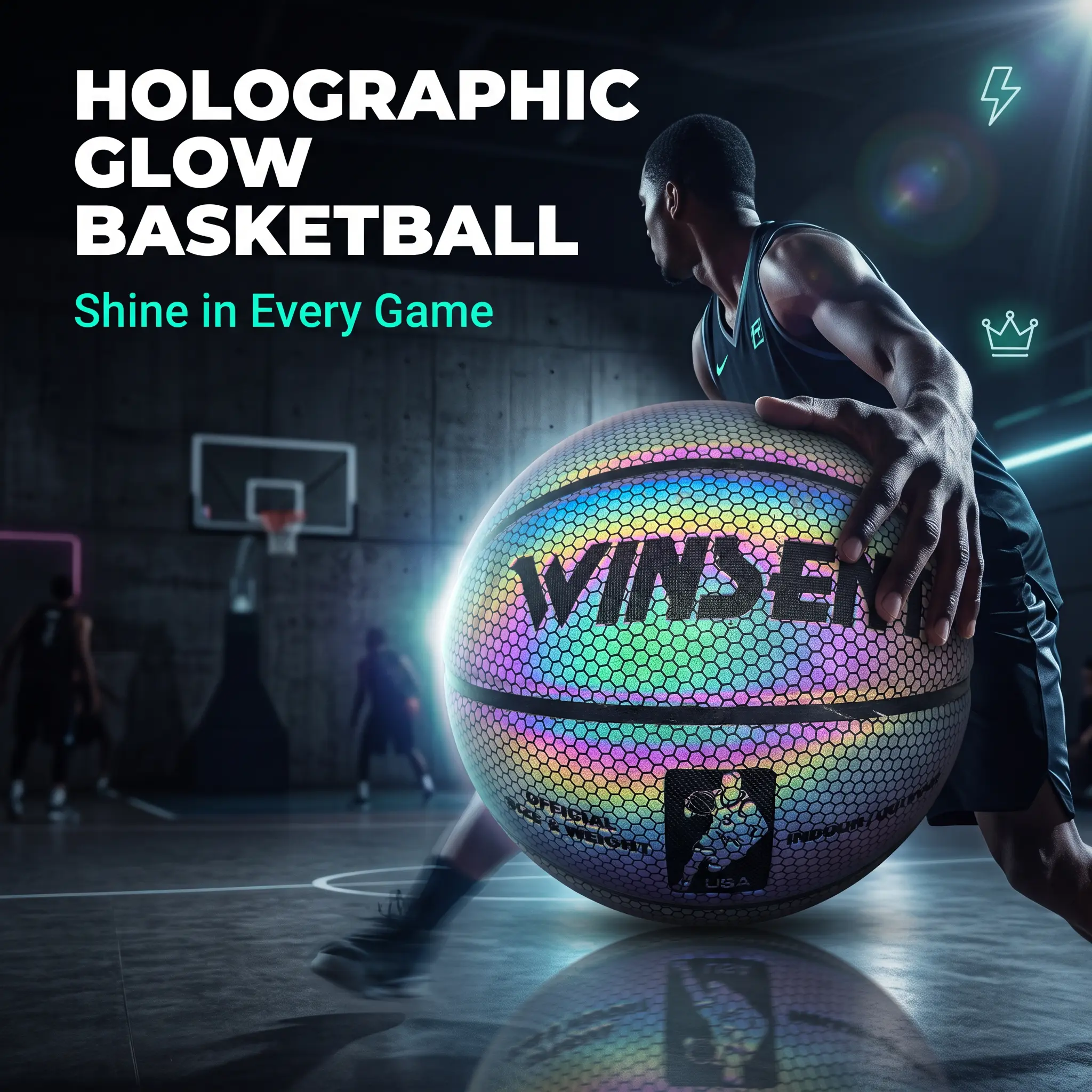 Holographic Reflective Glow Basketball Size 7, PU Leather Night Shining Basketball for Indoor Outdoor Street Game, Cool Gift for Basketball Lovers Men Teens