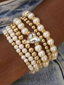 Women's Boho Style Resin Beaded Chain Pearl Stackable Bracelet Set, Heart Pendant Design, All-Season Accessory