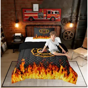 Firefighter Bedding Comforter Set,for Kids Adults Teens,Fire Badge Pattern Realistic Flame Bedding Set for Bedroom Decoration,Wheel Print Black