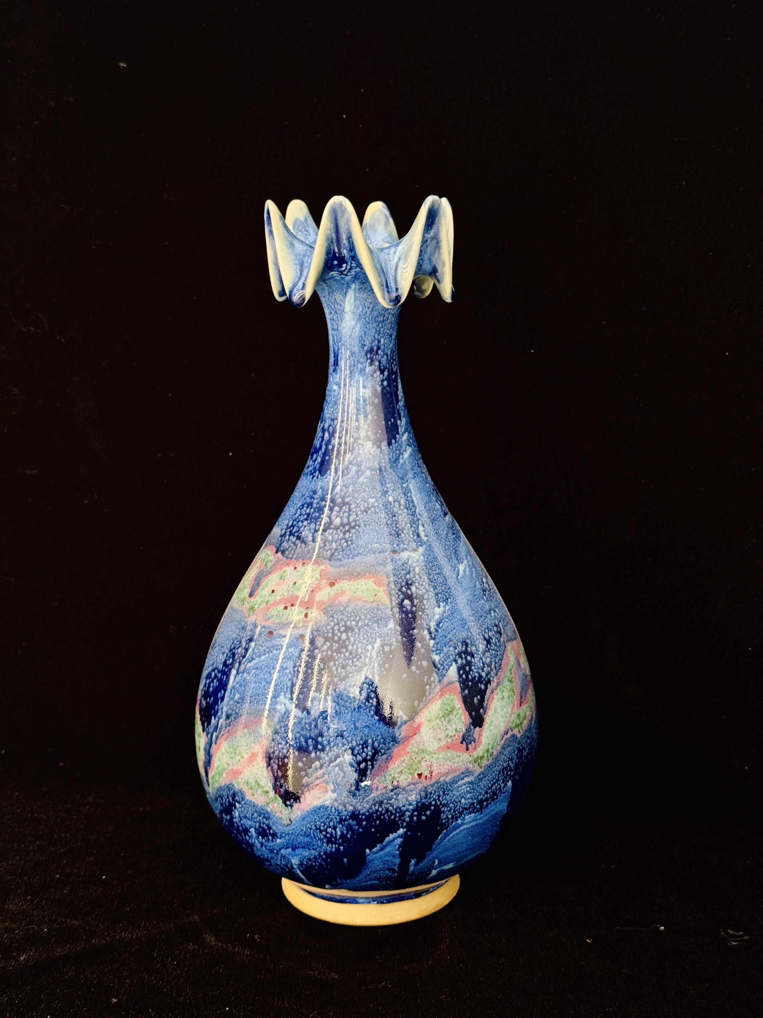Handmade Chinese Jun Porcelain Vase with Ruffled Flower Top, Stunning Blue-Pink Kiln-Fired Glaze Ceramic Vase, Unique Asian Art Home Decor