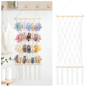 Macrame Claw Clip Organizer, Hanging Hair Clip Holder for Women Girls, 4-Tier Diamond-Shaped Grid Claw Clip Hanger, Hanging for Wall,Door,Closet. (white)