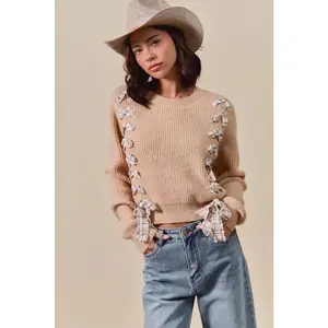 Plaid Lace-Up Ribbed Knit Sweater