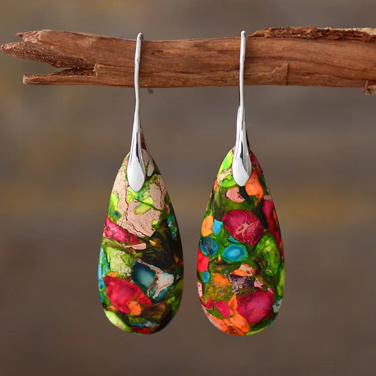 Natural Gemstone Teardrop Dangle Earrings, Healing Drop Earrings, Bohemia Earrings, Inner Peace Meditation Grounding Earrings Christmas Gift for her, Gift for Mother (Random Mixed Color) Daily