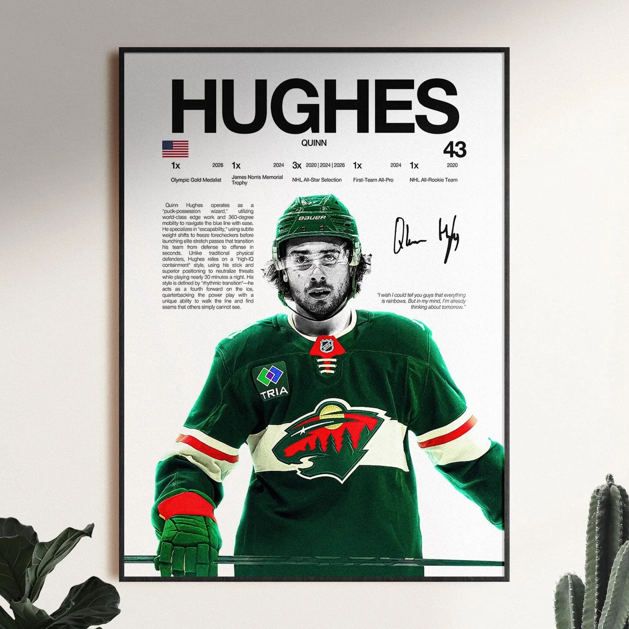 Quinn Hughes Poster, Minnesota Wild Wall Print, Ice Hockey Wall Print, Sports Decor, Hockey Room Print( Unframed - Print Only )