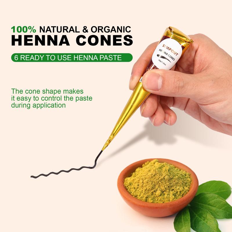 (Pack of 6) 30g-100% Fresh Natural Henna Cones |  Original Henna Blend  | Plant Based Temporary Tattoos |Two Colour Choose | Makeup Cosmetic