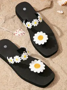 Women's Summer Sunflower Toe Slippers, Fashion Open-Toe Anti-Slip Sandals, Textile Upper Eva Sole, Beach Vacation Casual Shoes
