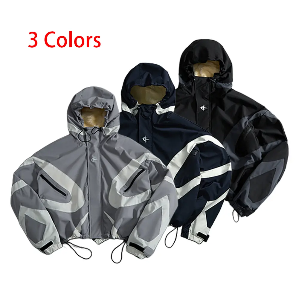 Men's Winter Fleece Lined Cropped Techwear Jacket, Geometric Color Block Street Windbreaker  jackets campus commute versatile fashion piece