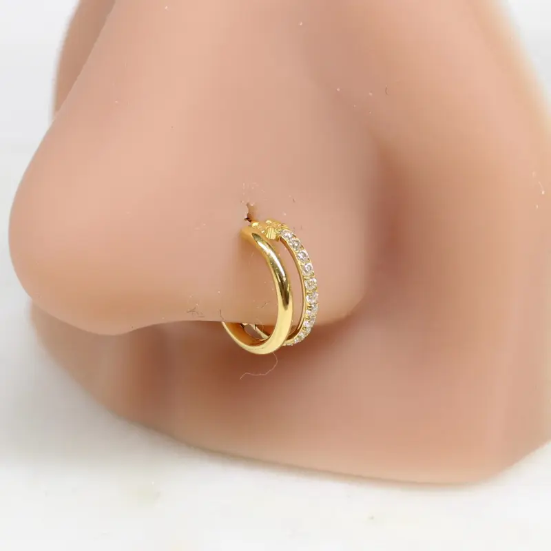 16g Double-Line CZ Hinged Clicker Ring, Gold Titanium Hoop for Nose, Cartilage, Conch Piercings