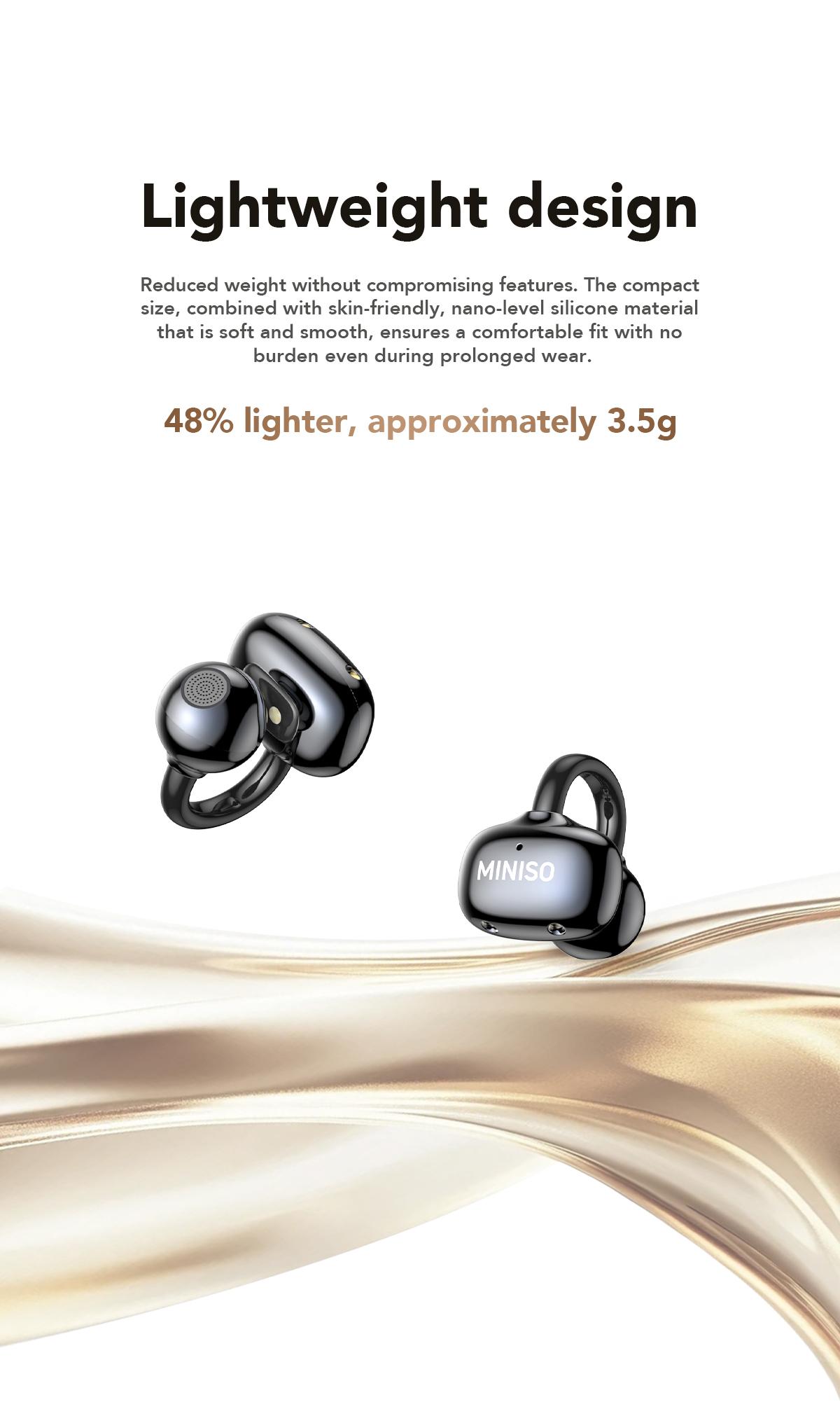 MINISO Clip On Earbuds Wireless Headphones with Bluetooth 6.0 Earphones, Stable Connection & Low Power Use, DT6.0 Pulse Directional Tech, 360° ACS Panoramic Sound, IPX5 Waterproof Audio Earbuds for Music & Calls, Comfortable for Sports