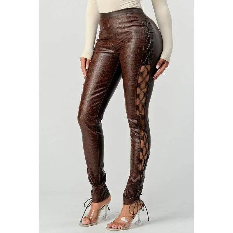 Animal Print Leather Pants in Brown