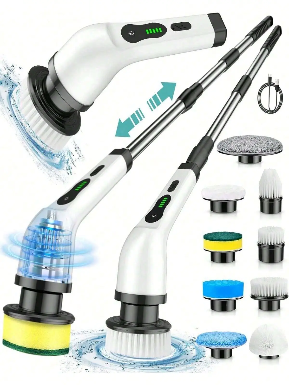 Cordless Rechargeable Electric Spin Scrubber with 8 Replaceable Deep Cleaning Brushes, 3-Length Extendable Handle, Dual Speed, IPX7 Waterproof LED Display for Bathroom, Kitchen, Car