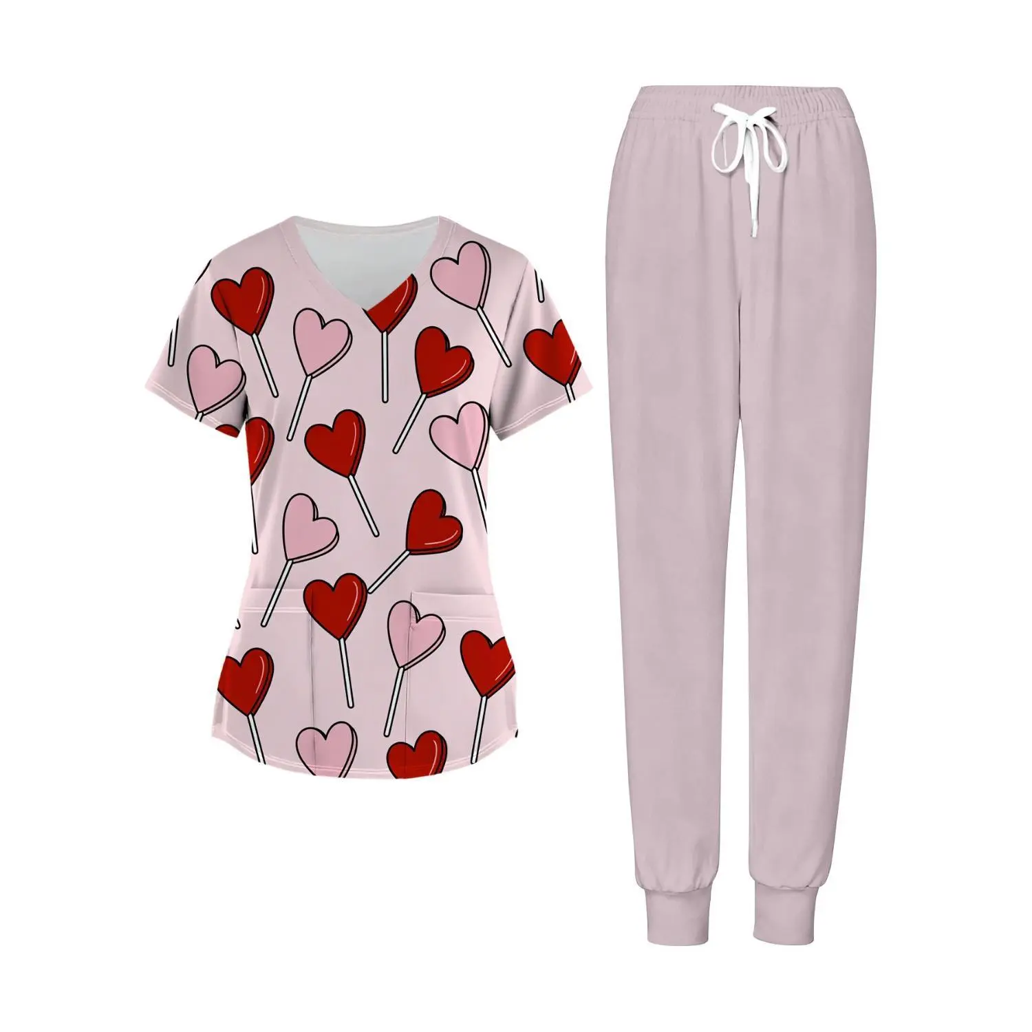 Plus Size Women's Valentine Pink Heart Lollipop Two-Piece Set, V-Neck Top and Pants