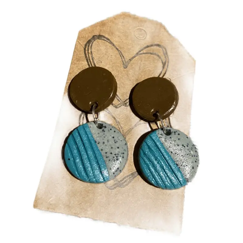 Teal & Brown Polymer Clay Stud Drop Earrings with Textured Teal Accents and Black Polka Dot Details