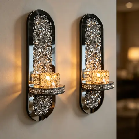 Round Crystal Wall-Mount Sparkly Candle Holder Set - Modern Minimalist Boujee Home Decoration Items, Wall Decor, Room Accent Pieces, Wardrobe-Compatible Bedroom Add-On, Christmas Ornaments