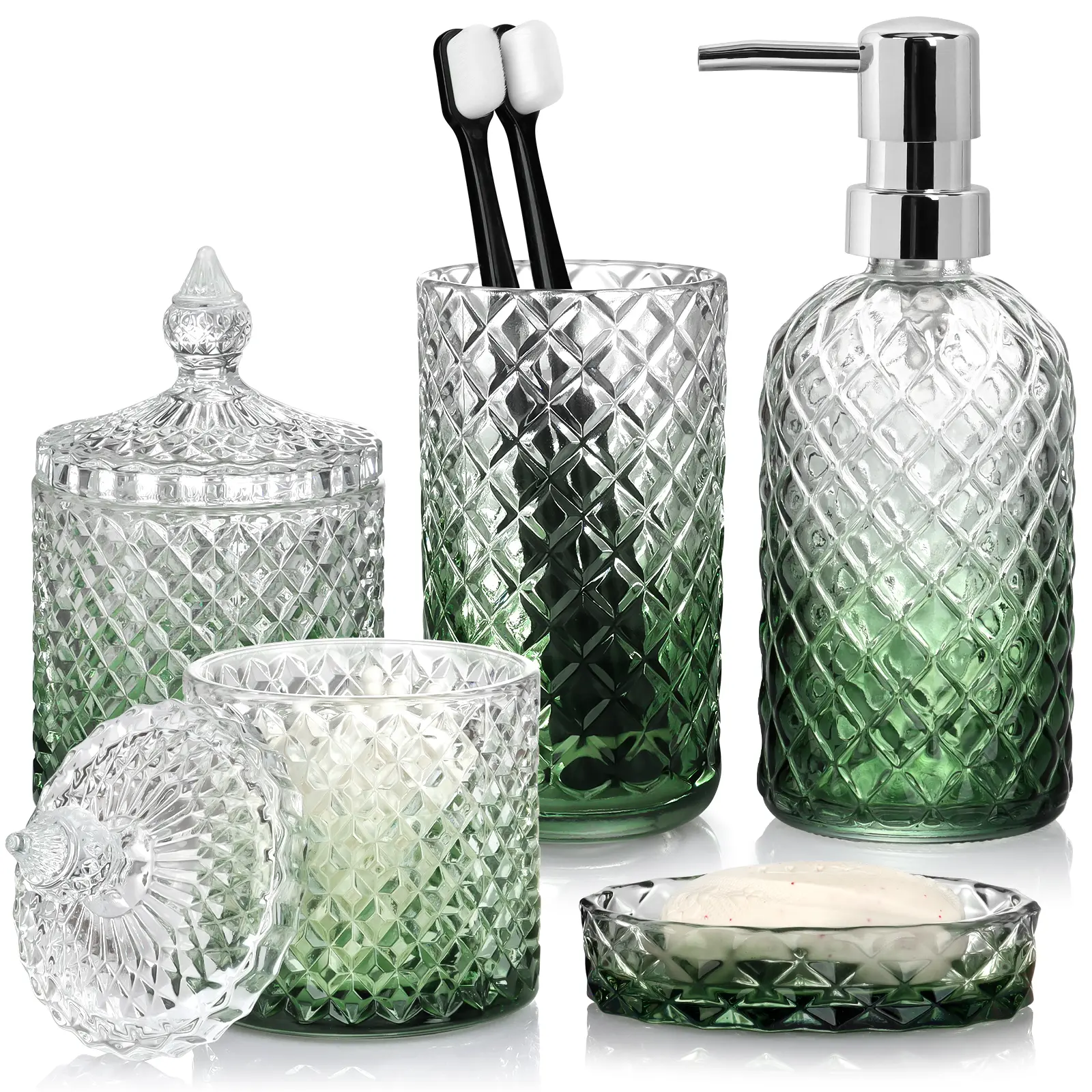 Bathroom Accessories Set, 5 Pack Clear Glass Bath Accessory Sets Complete, Diamond Soap Dispenser and Toothbrush Holder Set for Bathroom Counter Organizer Essentials, Modern Bathroom Decor